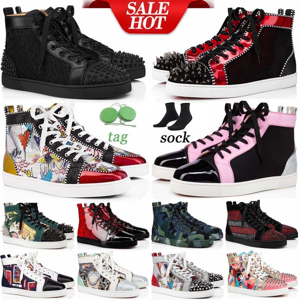 

designer luxury red bottom casual shoes high-loafers rivets trainers mens women fashion red bottoms spikes sneakers trainers with box, Black