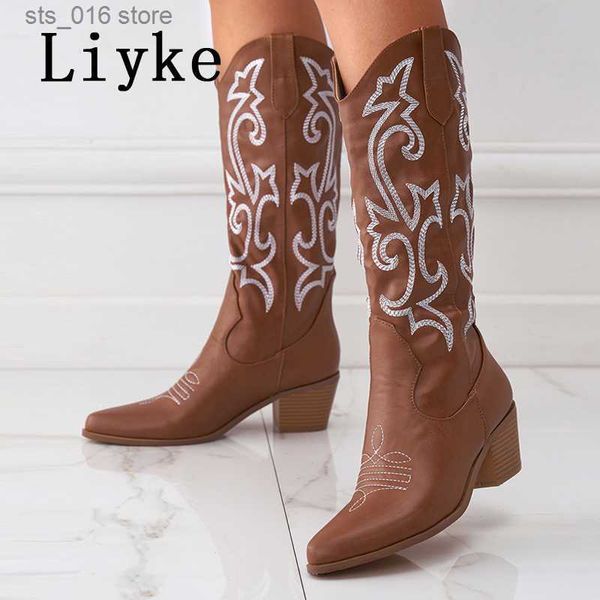 

boots liyke 2023 new western cowboy boots big size 42 women fashion embroidery leather autumn winter shoes pointed toe low hoof heels t23082, Black
