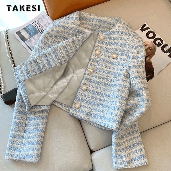 

women' blends autumn winter korean luxury style single breasted round neck jacket for women outwear elegant casual fashion plaid coat 2, Black