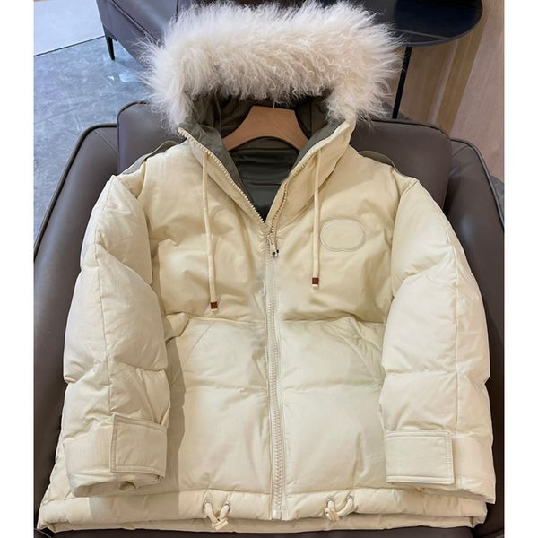 

8.25 winter fashion with lamb fur collar hooded drawstring letter embroidery keep warm comfortable zipper down coat women, Black