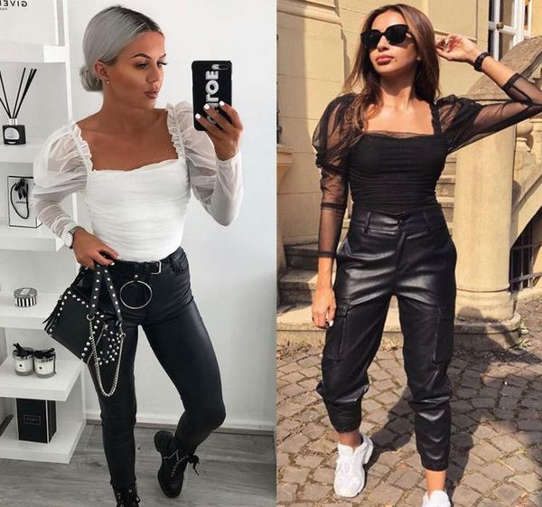 

women autumn sheer tee casual tshirts mesh puff sleeve blouse slim fit7537353, White