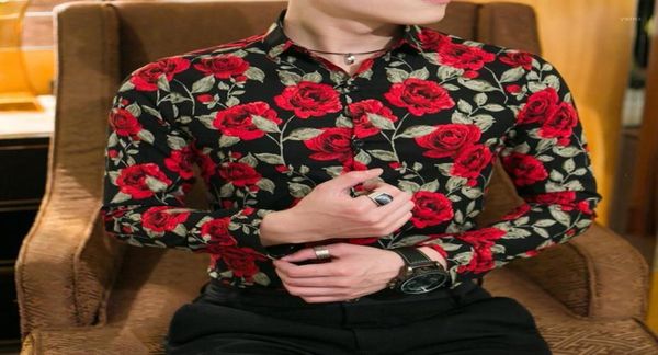 

men039s casual shirts men039s long sleeve shirt fashion rose flower printed floral turndown collar slim fit for mens clothi6068566, White;black
