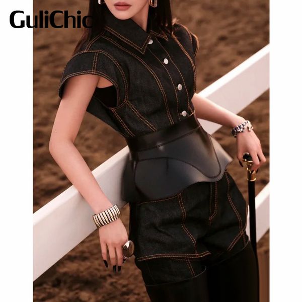 

women's two piece pants 76 gulichic women vintage contrast color stitch collect waist casual denim jacket vest or hollow out straight j, White