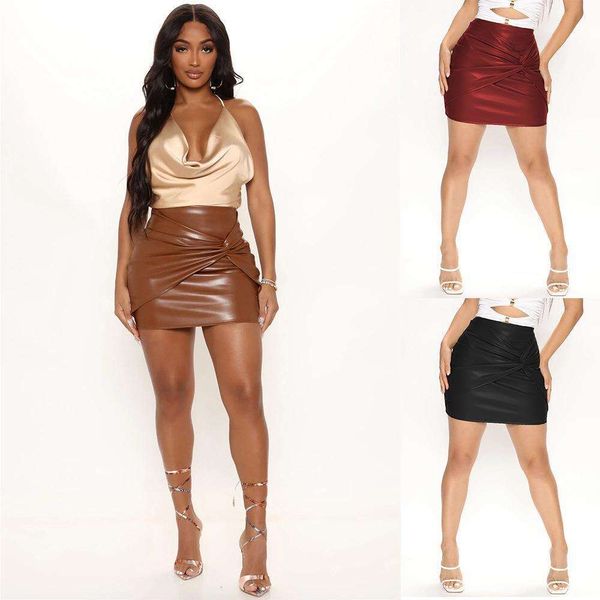 

cross pleated short skirt nightclub womens style pu leather, Black