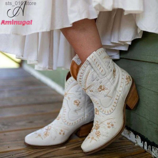 

boots aminuggal cowboy wester boots embroidered for women ankle bootie cowgirls flower print fashion chunky heel slip on shoes 2023 t230824, Black