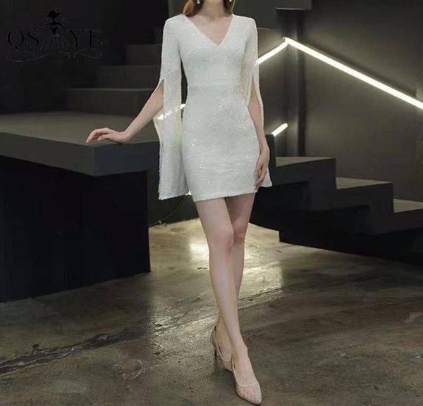 

party dresses short white evening sequin long flare sleeves sheath gown v neck knee length formal dress glitter 2022party5372249, White;black