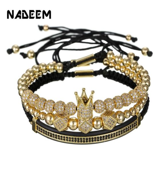 

3pcsset couple cz crown bracelet sets for men gold pave cubic micro charm women braided bracelet sets pulseira bileklik1100987, Golden;silver
