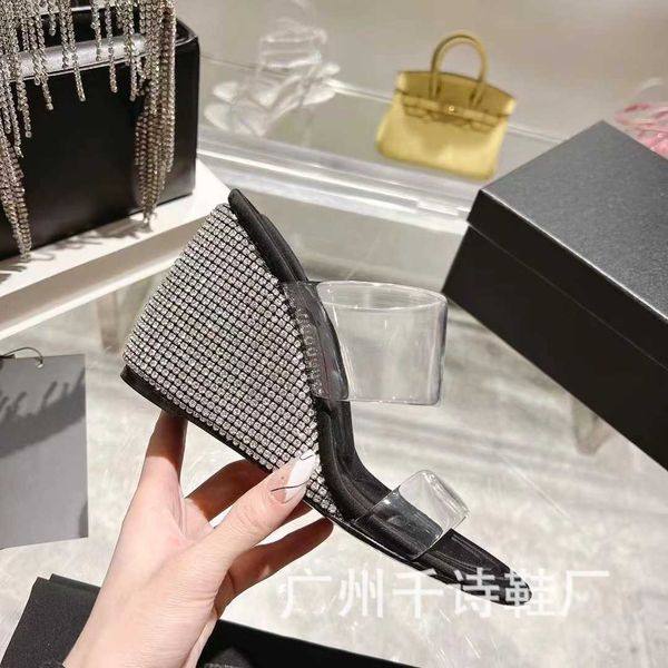 

version aw slope heel rhinestone slippers wearing high heels summer wear. transparent film exposed toe sandals, Black