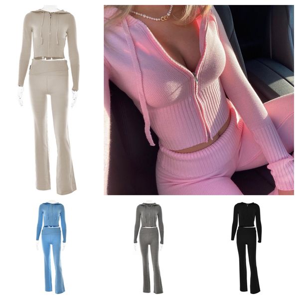 

new knitted hooded women's two piece pants designers women's hoodies sweatshirts crop hoodies for women fashion high-waisted long-, White