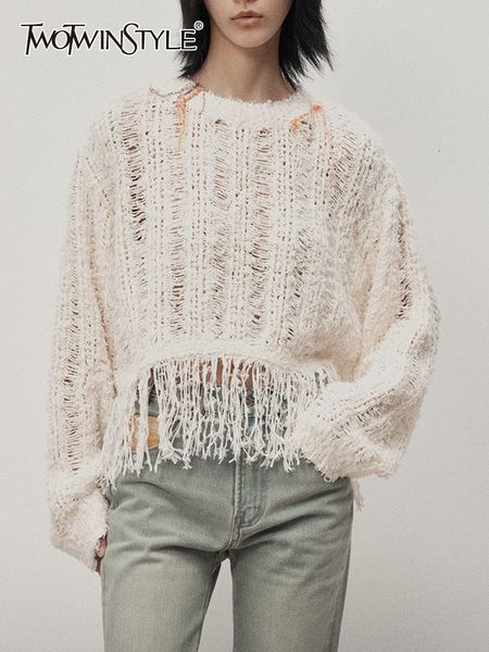 

women s sweaters twotwinstyle solid casual pullover knitting for women round neck long sleeve patchwork tassel elegant sweater female 230826, White;black