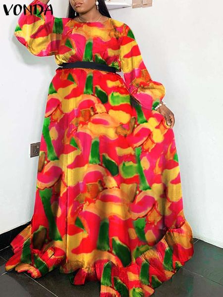 

plus size dresses size 5xl vonda bohemian long dress summer women lantern sleeve floral printed maxi vestido casual belted ruffled party rob, Black