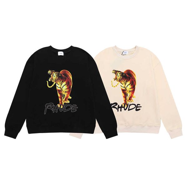 

niche beauty trend rhude tiger design hd printed hip hop men and women's casual terry round neck sweater, Black