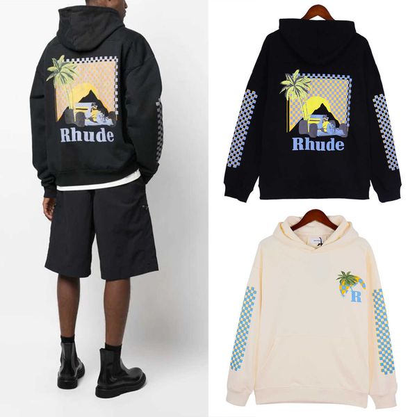 

trendy rhude sweater autumn/winter coconut racing rhude letter printed hooded couple hoodie, Black