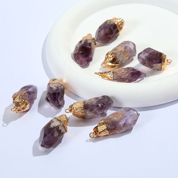 

gold plated rough amethyst pendant irregular crystal raw stone pillar charms for necklace earrings jewelry making accessory, Bronze;silver