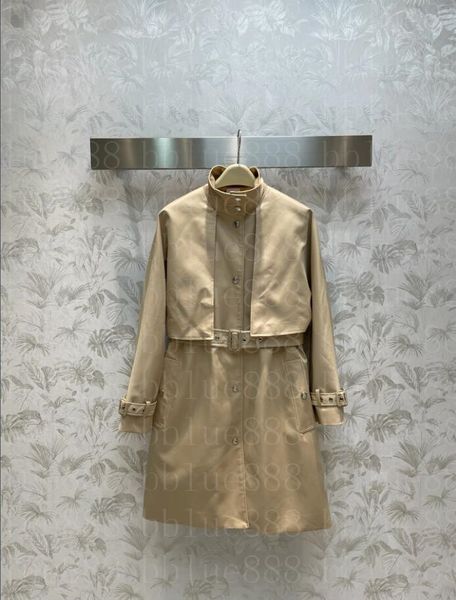 

24 women's breasted trench coat with a medium length and elegant small standing collar with a fabric waistband and a waistband 825, Tan;black