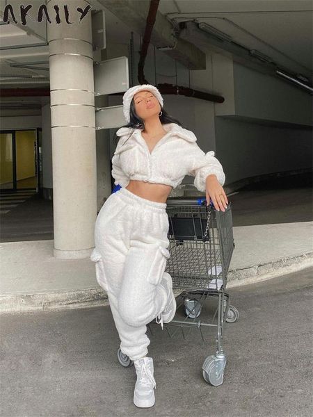

women s two piece pants akaily white fleece 2 set s fall winter outfits long sleeve and ladies cargo matching 230826