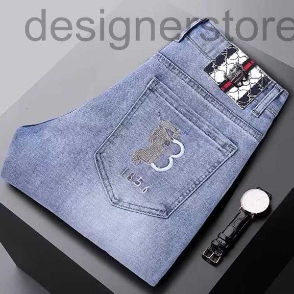 

mens jeans designer light color jeans mens slim feet spring and summer embroidery fashion versatile light luxury casual trousers p4ee, Blue