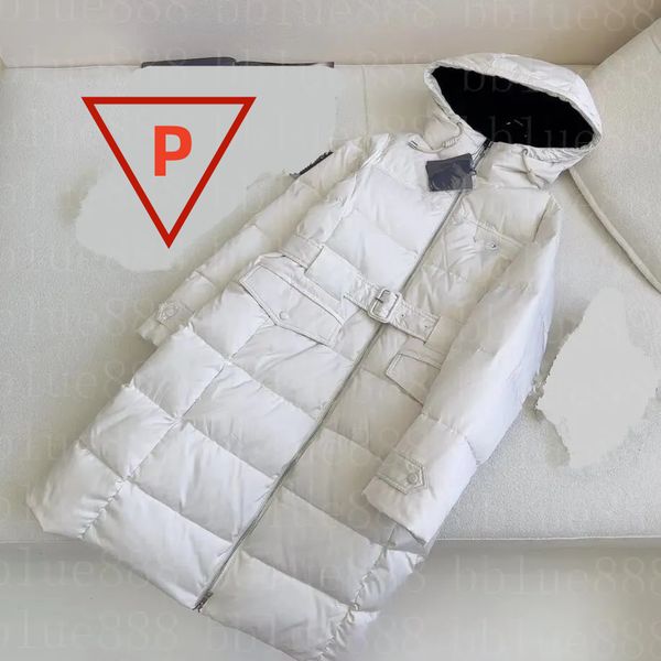 

24women's latest autumn/winter belt hooded long down jacket geometry logo minimalist double zipper warm down jacket 821, Black