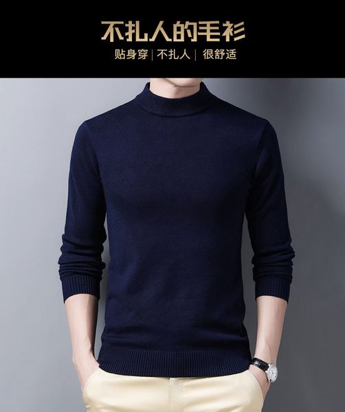 

brand winter men's sweater high and low collar solid color woolen sweater slim-fit pullover base with thick warm thread coat, White;black