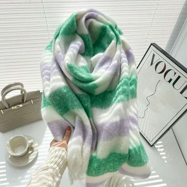 

winter striped tasseled scarf womens rainbow all matching mohair shawl korean imitation cashmere thick warm, Blue;gray