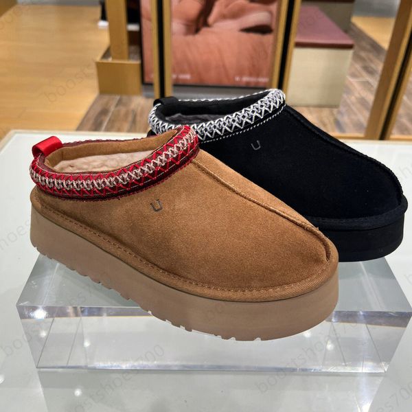 

womens tasman slippers fur slider classic chestnut tazz mules luxury designer flops leather lady mini platform boot slides women shoes uggli, Black