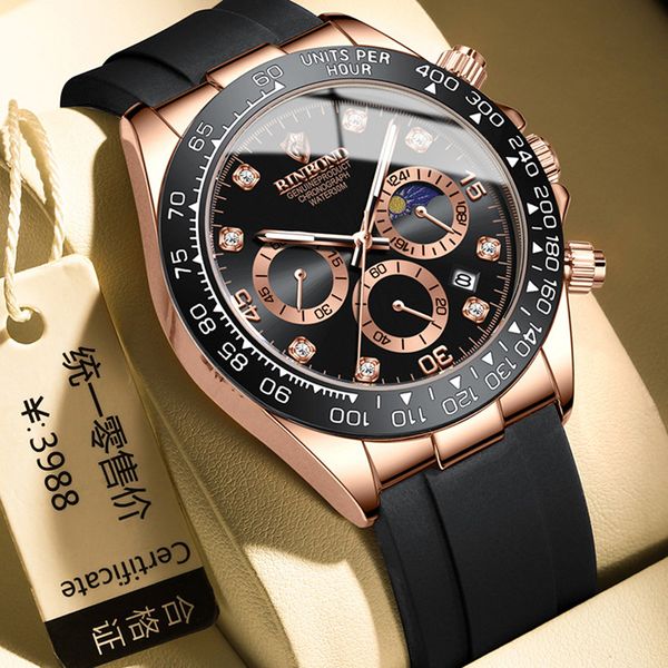 

wristwatches binbond brand sport silicone quartz watch for men multifunction waterproof moon phase chronograph mens watches relogio masculin, Slivery;brown