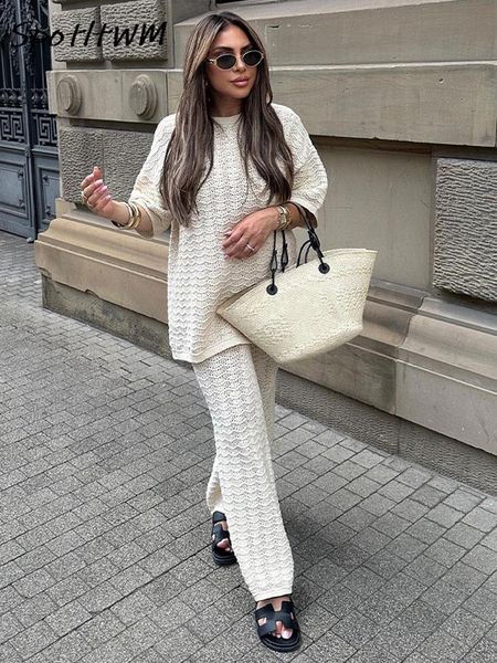 

women s two piece pants crochet hook knit apricot t shirt 2 set short sleeve shirt loose suit fashion casual vacation street outfits 230826, White