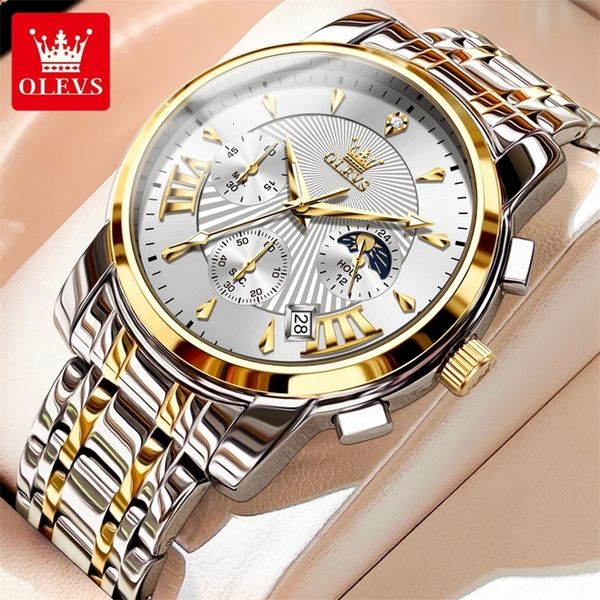 

wristwatches olevs luxury brand quartz watch for men waterpoof chronograph men's wristwatch auto date dual calendar moon phase man y230, Slivery;brown
