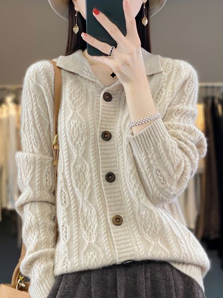 

womens knits tees autumn winter women thick cardigans 100% merino wool sweater twist flower warm casual loose cashmere knitted coat korean s, White