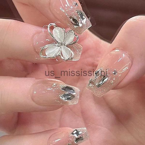 

false nails 24pcs diamond big butterfly fake nails pink quality press on nails women wearable nail art stickers full finished false nail x08, Red;gold