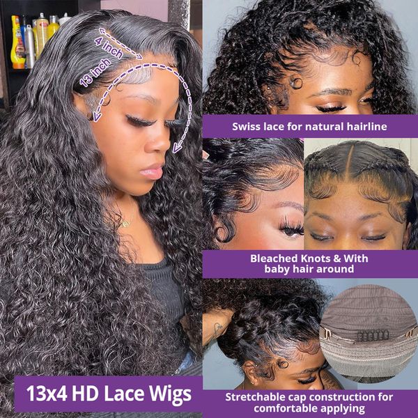 

360 full lace frontal wig water wave curly human hair wig 13x6 hd glueless lace front wigs for women 13x4 lace frontal wig, Black
