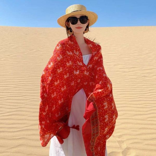 

ethnic style cotton scarf northwest desert travel sunblock shawl dual use thin, Blue;gray