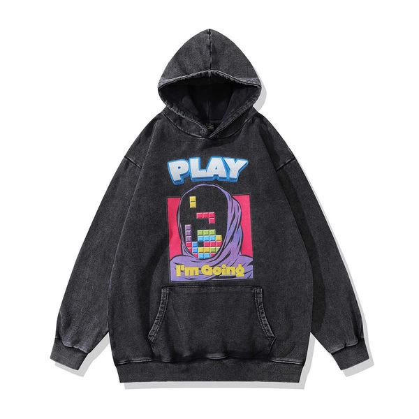 

2023 rhude sweater made old wash loose fashion pullover hoodie, Black