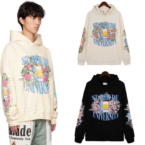 

rhude fashion autumn and winter flower flag letter printing loose relaxed men's and women's high street hooded sweatshirt, Black
