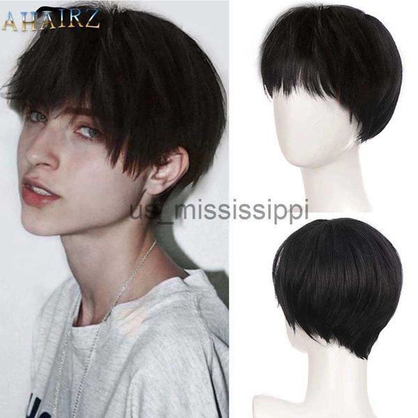 

synthetic wigs synthetic hair male short straight wig with bangs brown blonde gray wigs for man daily wear cosplay wig heat resistant fiber, Black