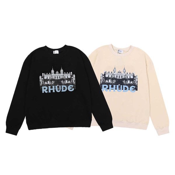 

american fashion brand rhude hd castle print high gram weight pure cotton terry hip hop men and women casual round neck sweater, Black