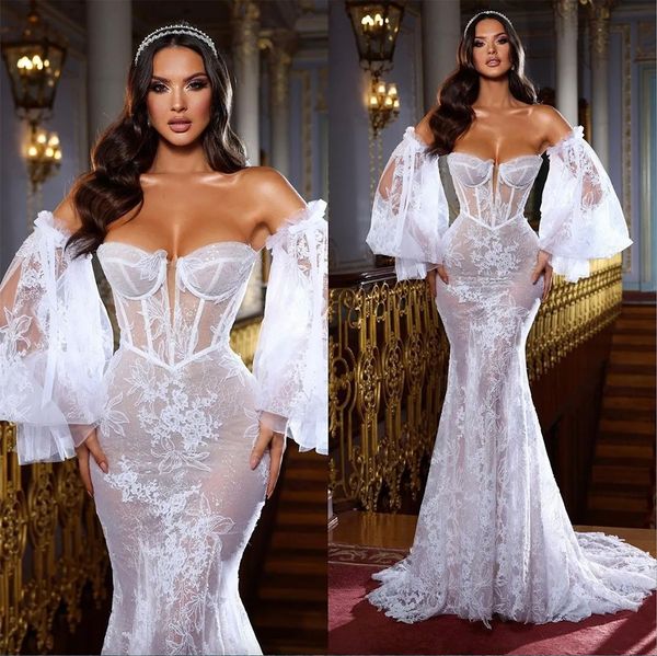 

illusion lace mermaid wedding dresses bustier corset bridal gown with removable sleeves party robe de moriee, White