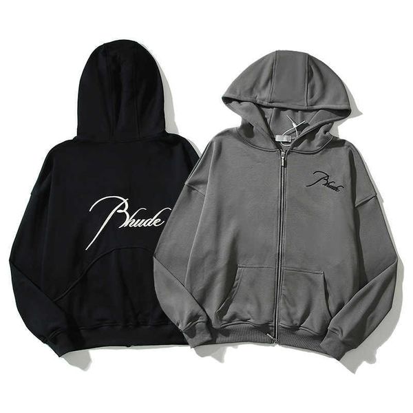

correct version rhude bullet zipper letter embroidered hoodie high street niche fashion loose american jacket, Black