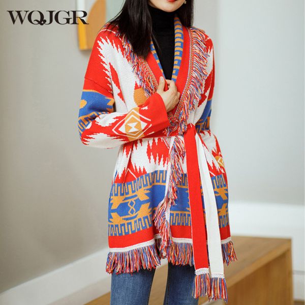 

womens knits tees wqjgr autumn winter cardigan sweater women wool kniited tassel colorful print loose full sleeve fashion 230826, White