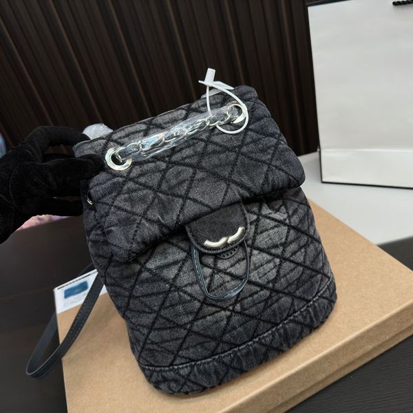 

women designer old washing denim backpack bag silver metal hardware adjustable leather strap diamond lattice daily outdoor shopping shoulder