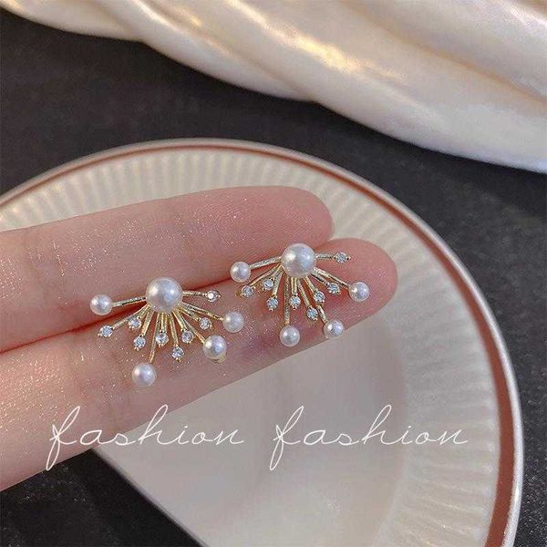 

stud earrings colorful l 925 sterling silver fireworks shape zircon imitation pearl for woman daily life work fine jewelry gift, Golden;silver