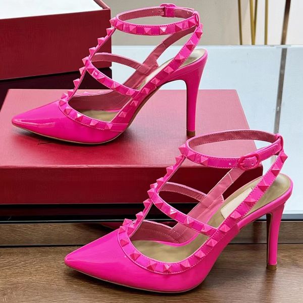 

rockstudy ankle strap patent leather stiletto heel sandal with tonal studs 100mm pumps wedding shoes fashion pointed toes evening shoes wome, Black
