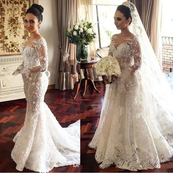

arabic sheer neck long sleeves mermaid wedding dress two pieces appliques lace stunning aso ebi bridal gowns 2024, White