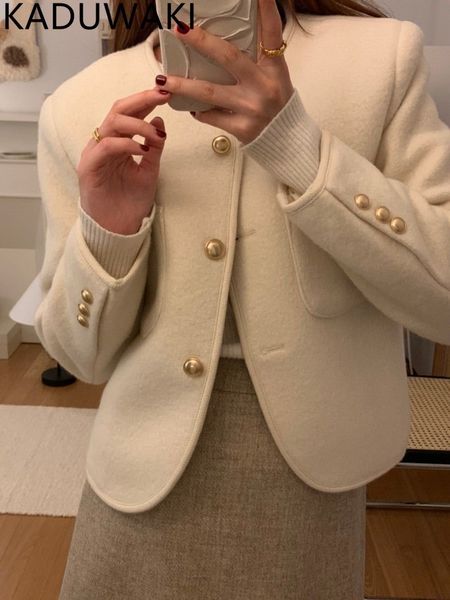 

women blends elegant vintage o neck coats for women autumn winter 2023 jacket korean style simple chic cropped 230826, Black