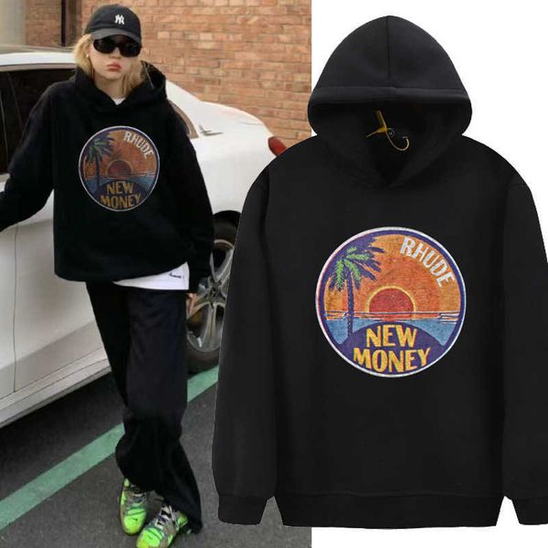 

rhode sunset money sunset print loose teenage couple pullover hooded fleece sweater, Black