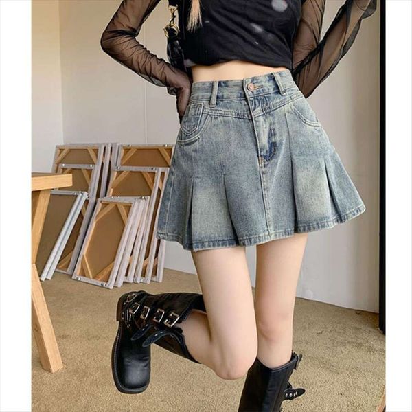 

early autumn style korean skirts high waist denim pleated short skirt american retro chic babes a line, Black