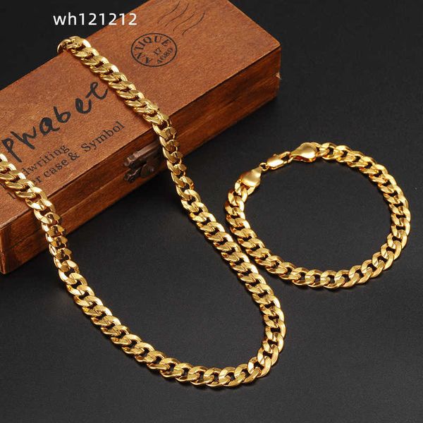 

classics fashionable real 24k yellow gold gf mens woman necklace bracelet jewelry sets solid curb chain abrasion resistant, Silver