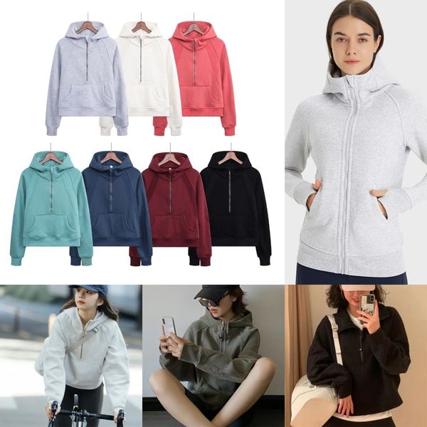 

designer women's lu hoodie autumn and winter scuba hoodie plus velvet thickened jacket zipper hooded sports pullover women's loose, Black