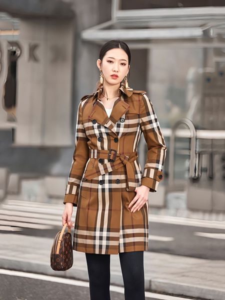 

2023 spring and autumn new european and american british style bajia women's classic plaid double-breasted windbreaker coat slim, Tan;black