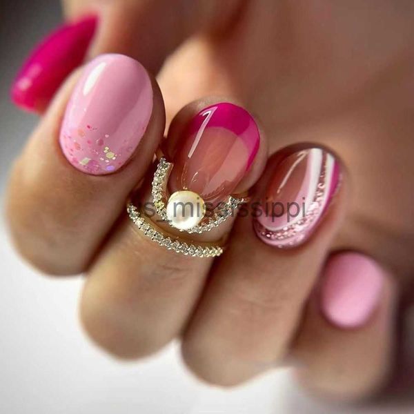 

false nails 24pcs pink ripple color french oval false nails wavy colorful fake nails full cover detachable press on nail tips x0826, Red;gold